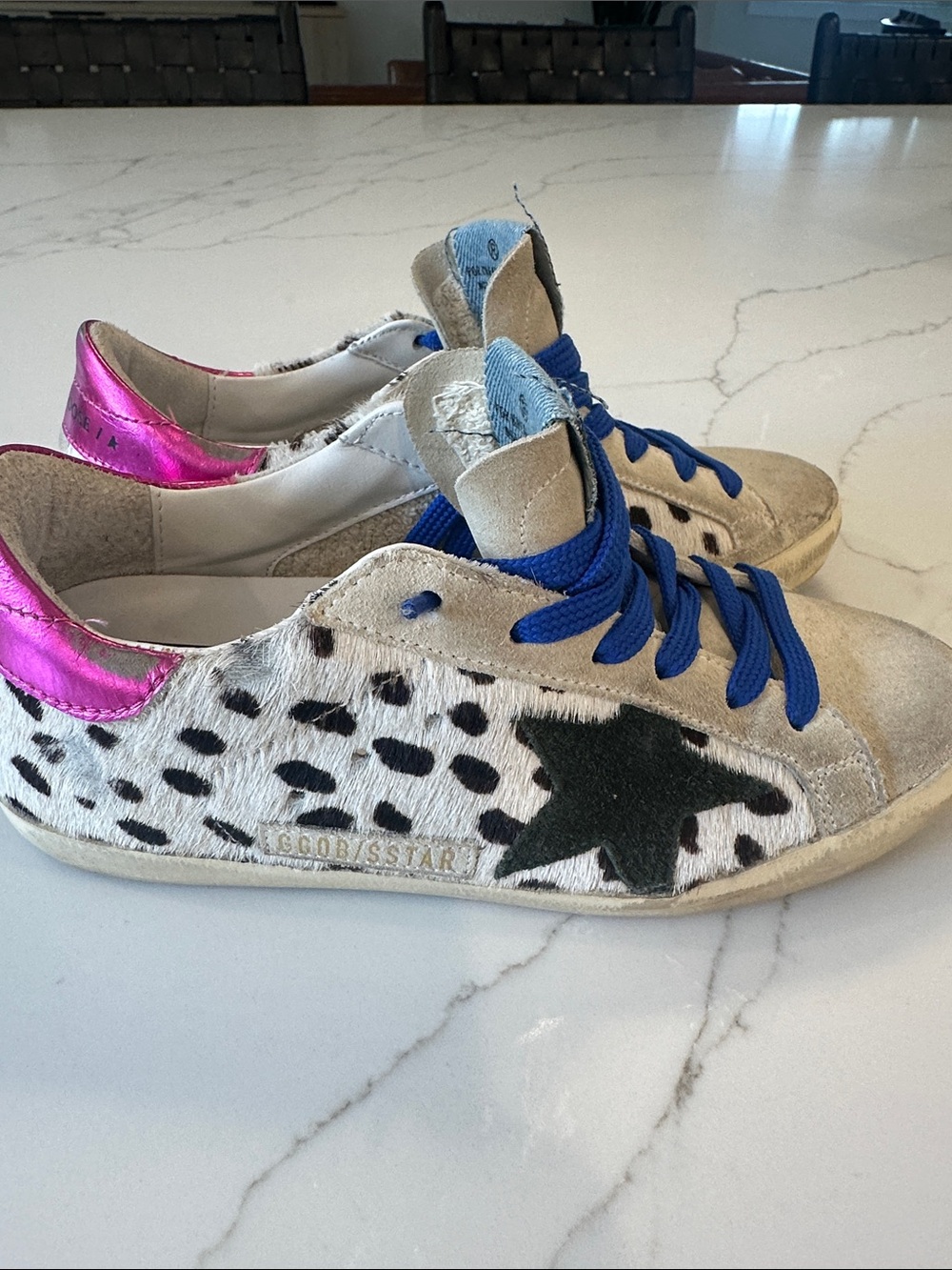 Golden Goose Superstar Dalmatian-Print Sneakers with Blue Laces & Pink Heel - Picture 3 of 7